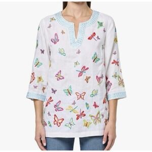 John Mark Petite Large White Linen Blend Butterfly Embroidery Tunic PL NWT‎